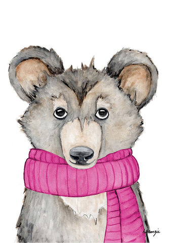 Woodland Bear with pink scarf accessory A4 Unframed