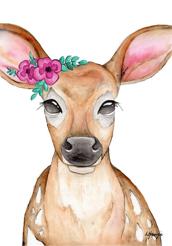 Woodland Deer with pink flower accessory A4 Unframed