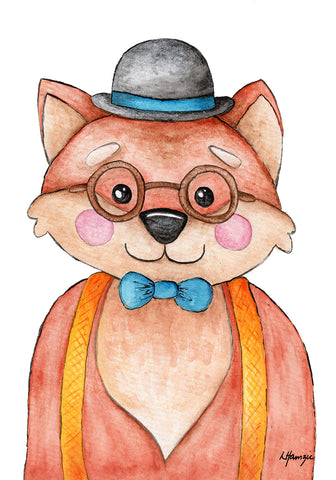 Fox in bowlers hat with glasses, bow tie and suspenders - Blue and Yellow