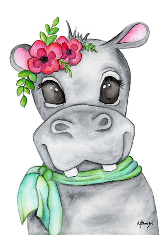 Hippopotamus with pink and green flowers and blue green scarf