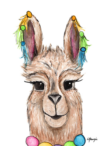 Llama with yellow, blue and green ear tassels and a beaded necklace