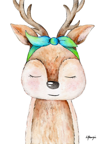 Woodland baby Deer fawn with blue green headscarf accessory