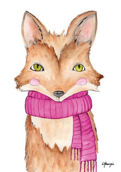 Fox in pink scarf with green eyes