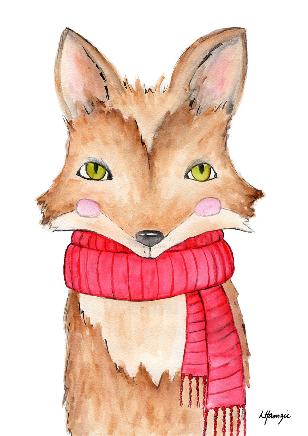 Fox in red scarf with green eyes