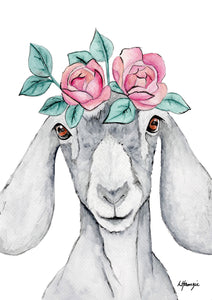 Grey goat with pink and green flower crown