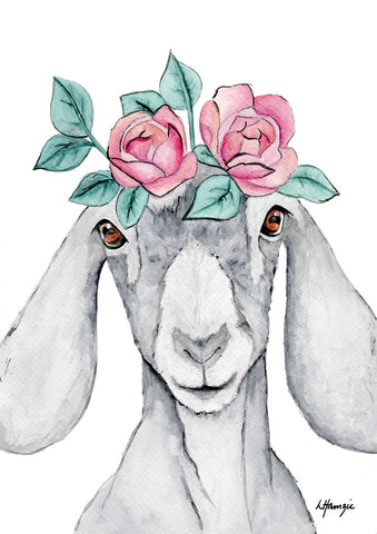 Grey goat with pink and green flower crown