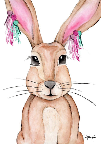 Woodland Rabbit with pink and teal tassels accessory A4 Unframed