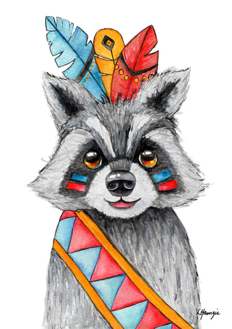 Raccoon in blue, red and yellow Indian headdress with belt and warpaint